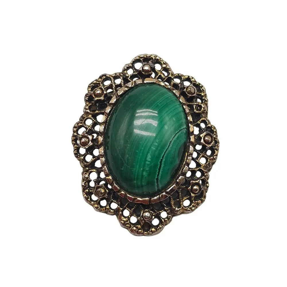 Green Malachite Stone Oval Filigree Brooch Pin Gold Tone Vintage